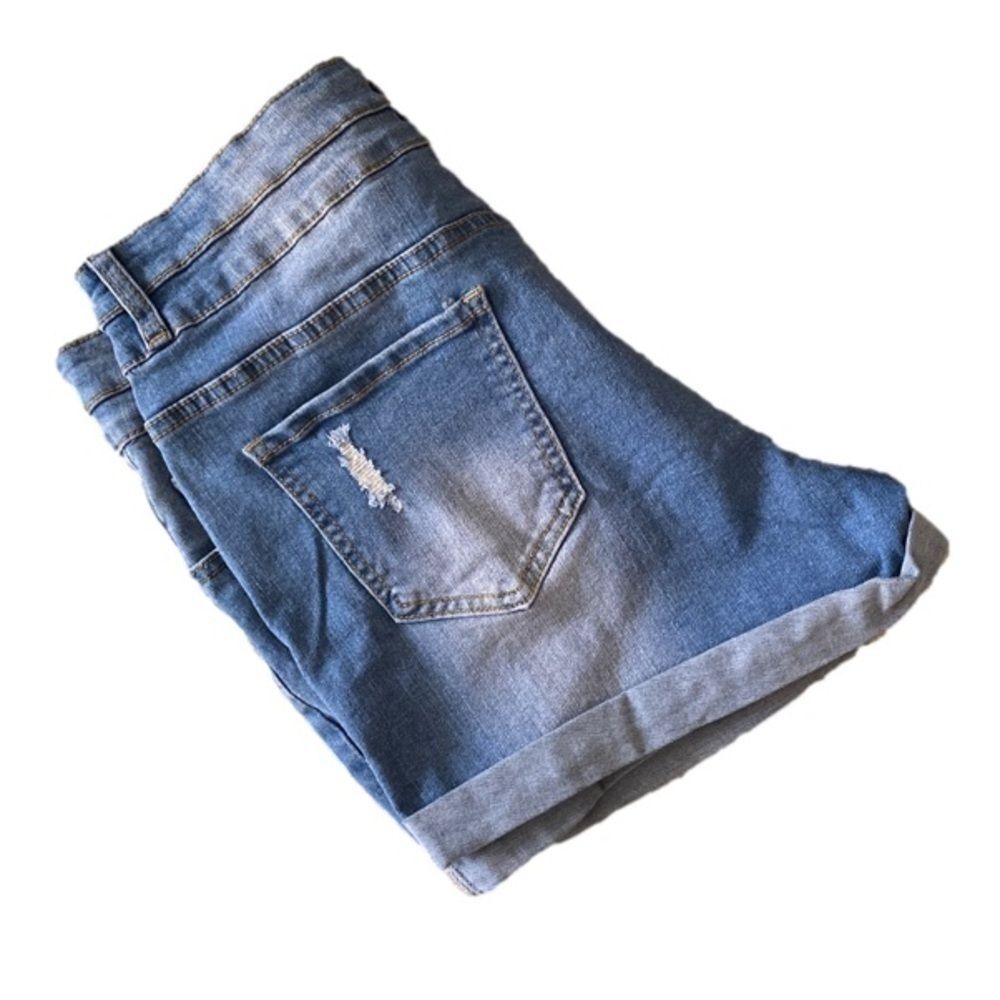 High-Waisted Denim Shorts Blue Double Button Distressed NWT - Picture 4 of 8